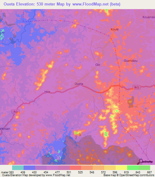 Oueta,Guinea Elevation Map