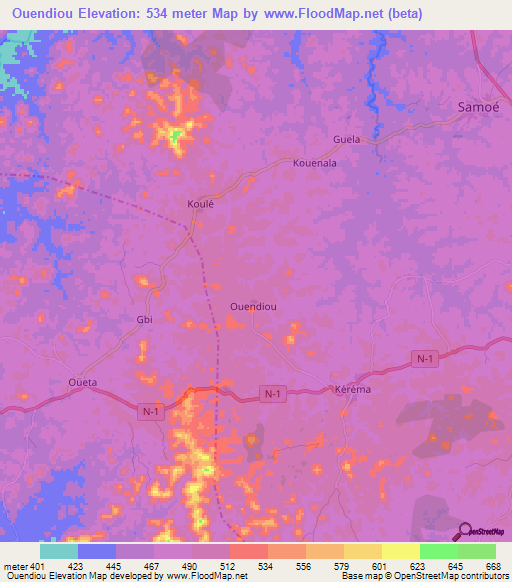 Ouendiou,Guinea Elevation Map