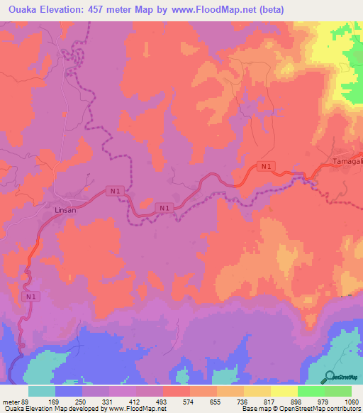 Ouaka,Guinea Elevation Map