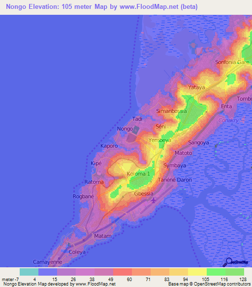 Nongo,Guinea Elevation Map