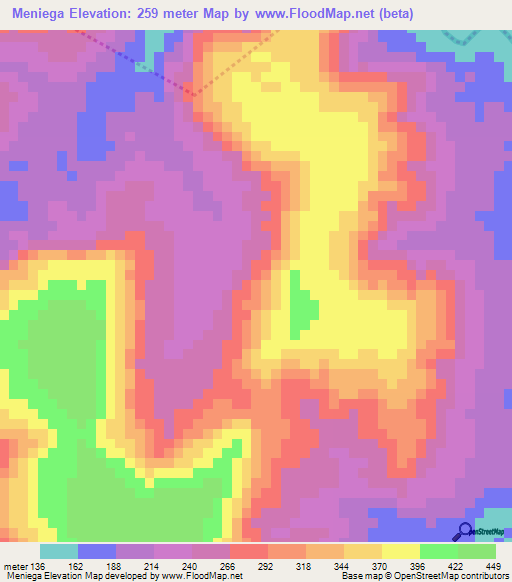 Meniega,Guinea Elevation Map