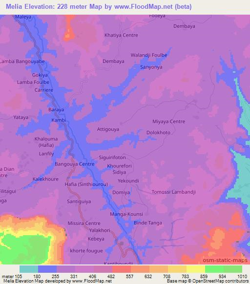 Melia,Guinea Elevation Map