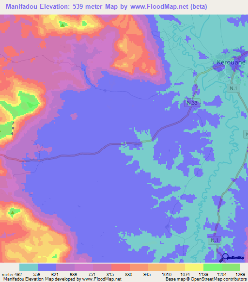 Manifadou,Guinea Elevation Map