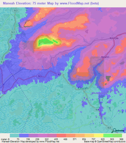 Maneah,Guinea Elevation Map
