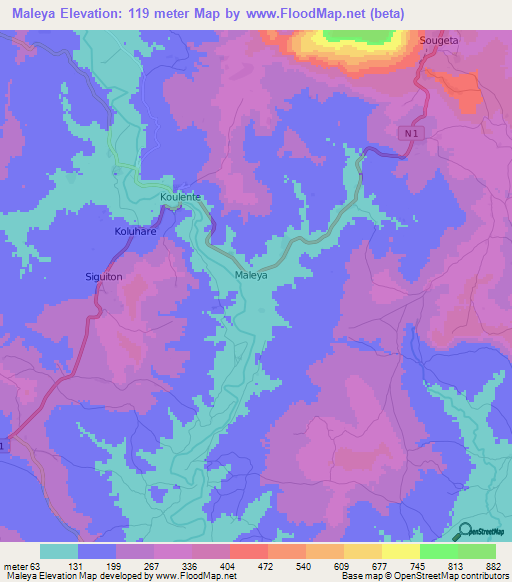 Maleya,Guinea Elevation Map