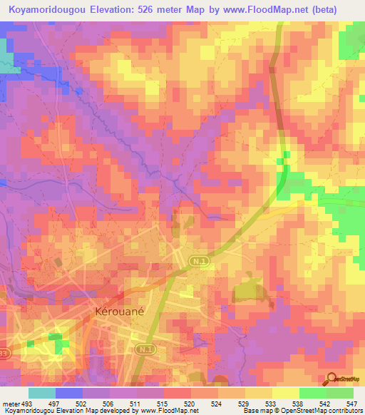 Koyamoridougou,Guinea Elevation Map