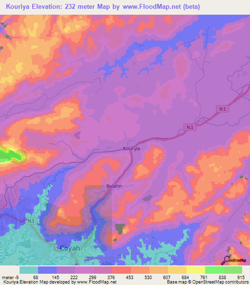 Kouriya,Guinea Elevation Map