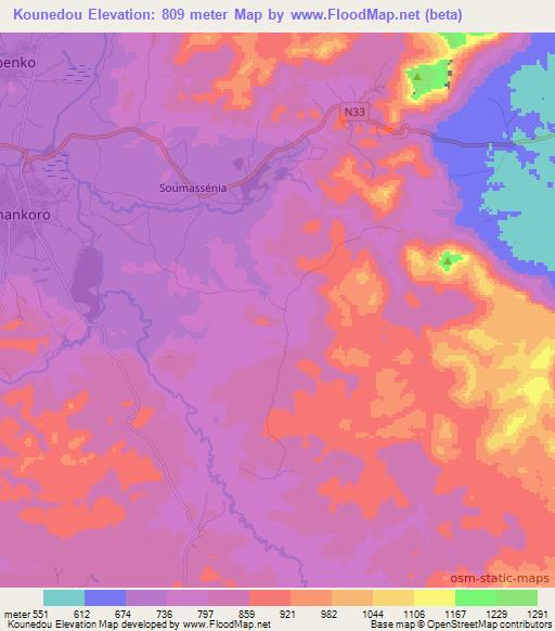 Kounedou,Guinea Elevation Map