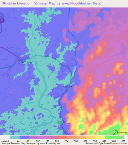 Koubiya,Guinea Elevation Map