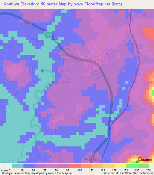 Koubiya,Guinea Elevation Map