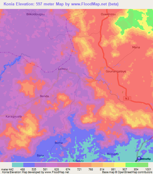 Konia,Guinea Elevation Map