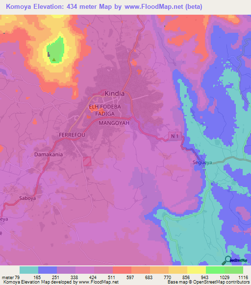 Komoya,Guinea Elevation Map