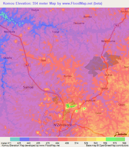 Komou,Guinea Elevation Map