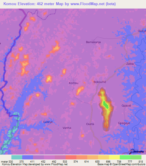 Komou,Guinea Elevation Map