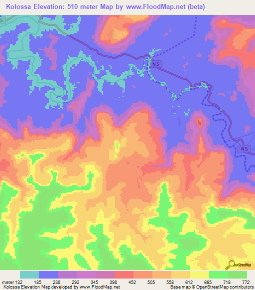 Kolossa,Guinea Elevation Map