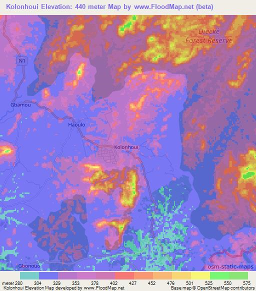 Kolonhoui,Guinea Elevation Map