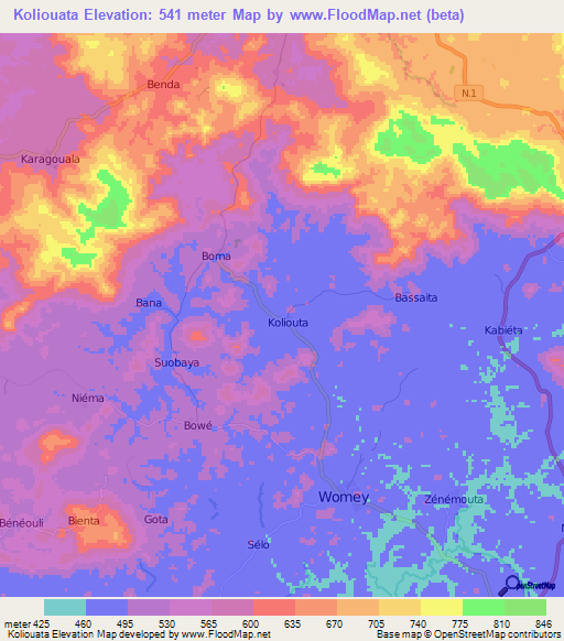 Koliouata,Guinea Elevation Map