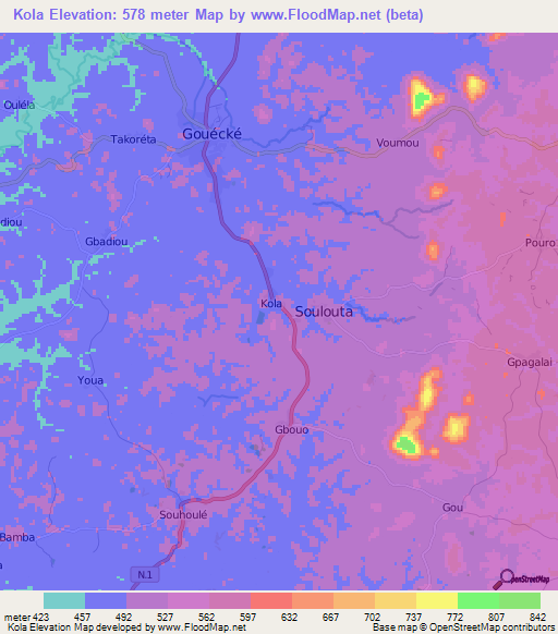 Kola,Guinea Elevation Map