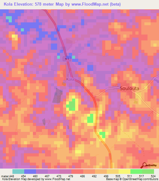 Kola,Guinea Elevation Map