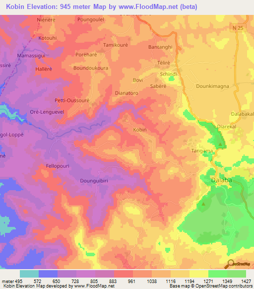 Kobin,Guinea Elevation Map