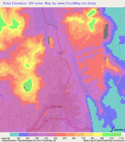 Koba,Guinea Elevation Map