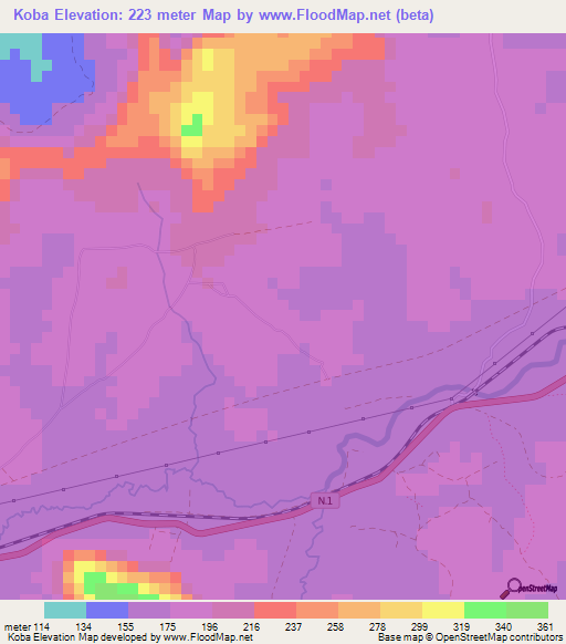 Koba,Guinea Elevation Map