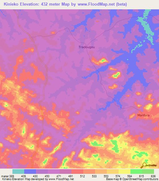 Kinieko,Guinea Elevation Map