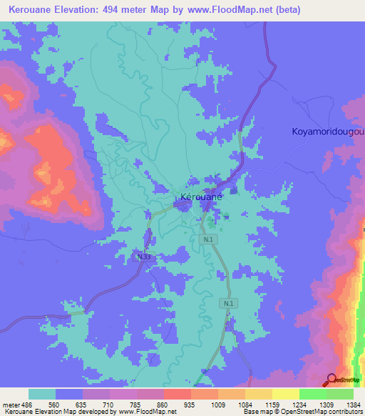 Kerouane,Guinea Elevation Map