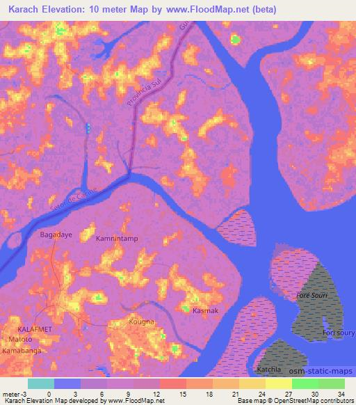 Karach,Guinea Elevation Map