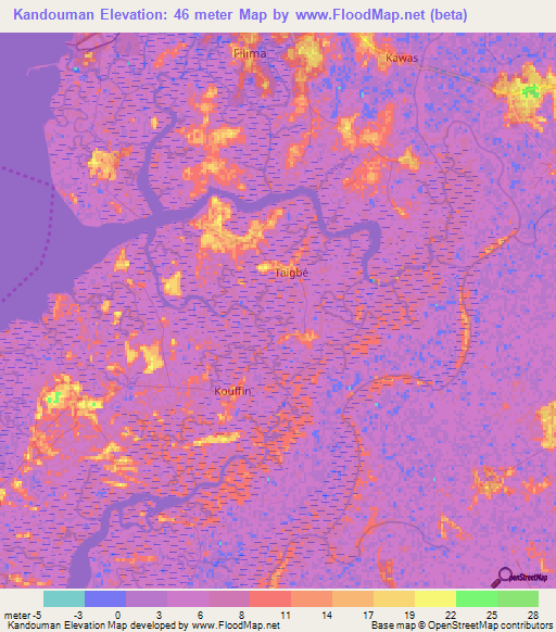 Kandouman,Guinea Elevation Map