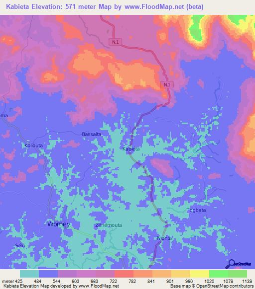 Kabieta,Guinea Elevation Map