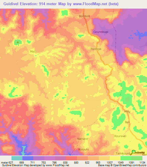 Guidivel,Guinea Elevation Map