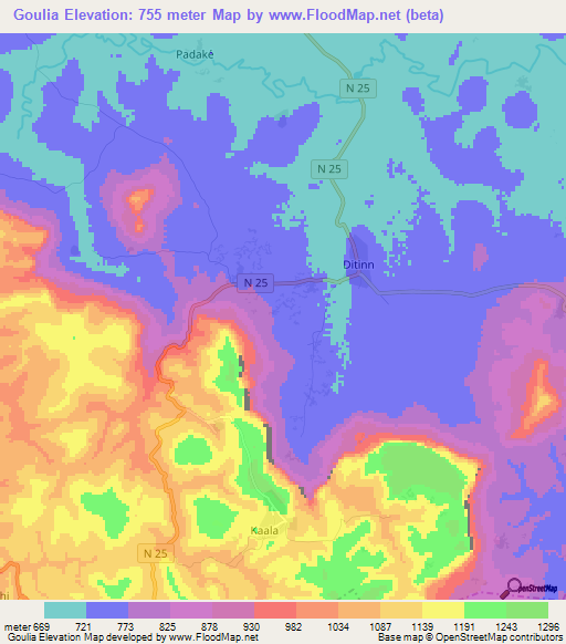 Goulia,Guinea Elevation Map