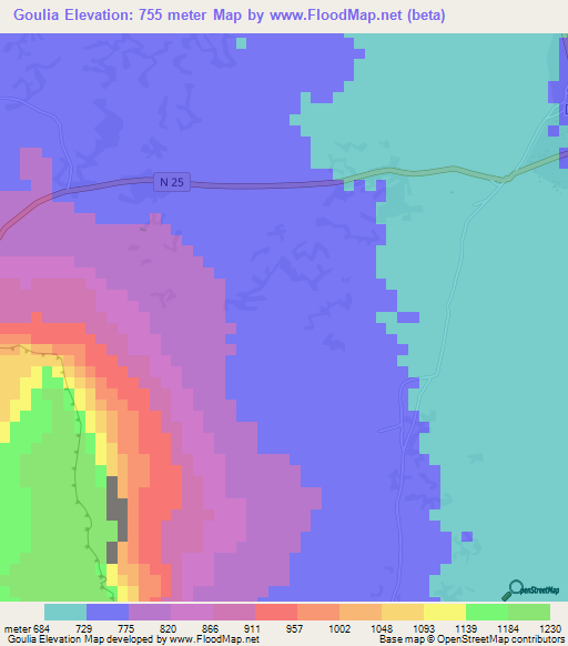 Goulia,Guinea Elevation Map