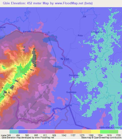 Gbie,Guinea Elevation Map