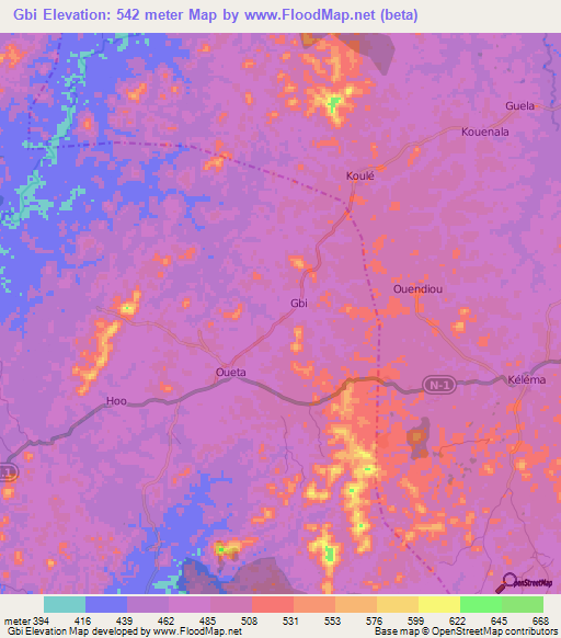 Gbi,Guinea Elevation Map