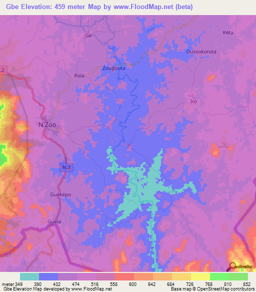 Gbe,Guinea Elevation Map