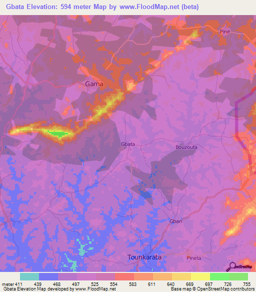 Gbata,Guinea Elevation Map