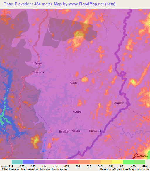 Gbao,Guinea Elevation Map