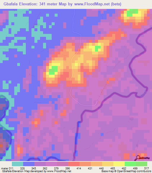 Gbafala,Guinea Elevation Map