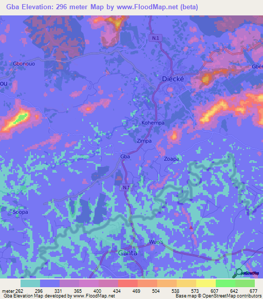 Gba,Guinea Elevation Map