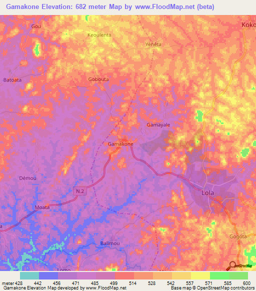 Gamakone,Guinea Elevation Map