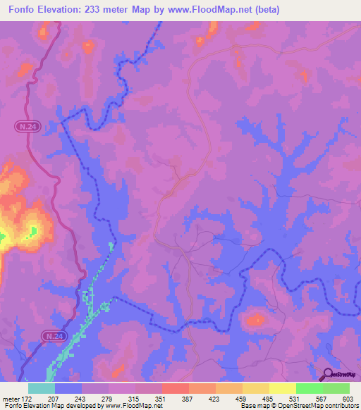 Fonfo,Guinea Elevation Map