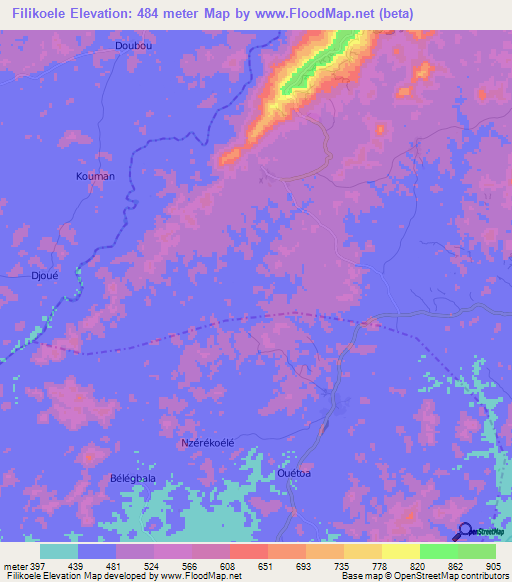 Filikoele,Guinea Elevation Map