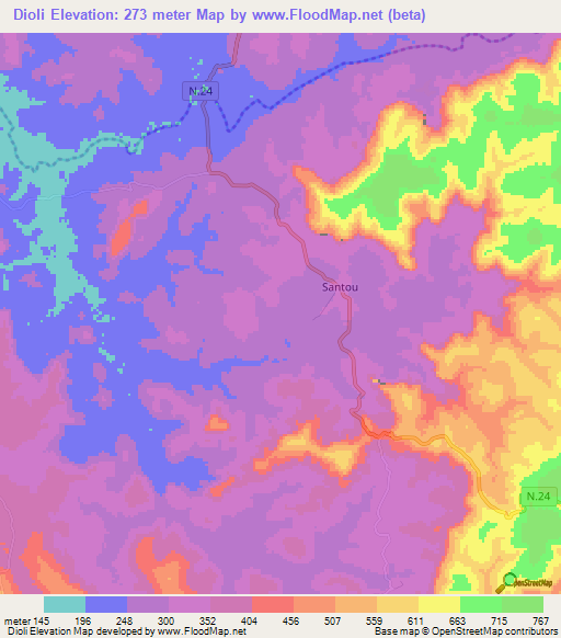 Dioli,Guinea Elevation Map