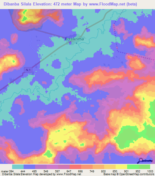 Dibanba Silala,Guinea Elevation Map