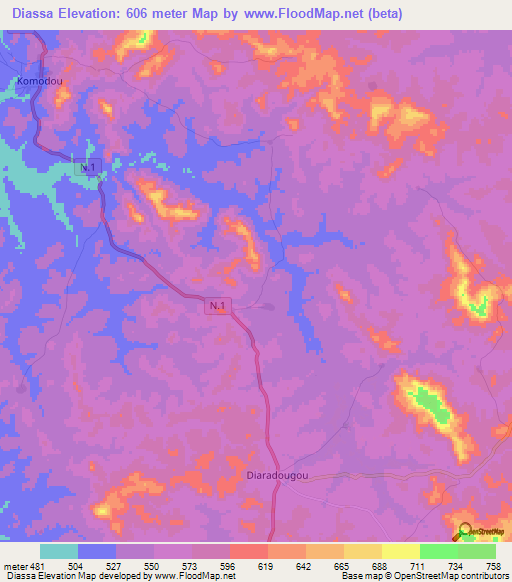 Diassa,Guinea Elevation Map