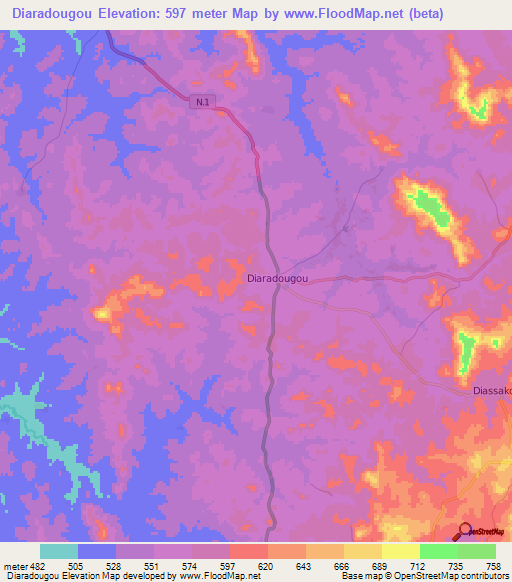 Diaradougou,Guinea Elevation Map