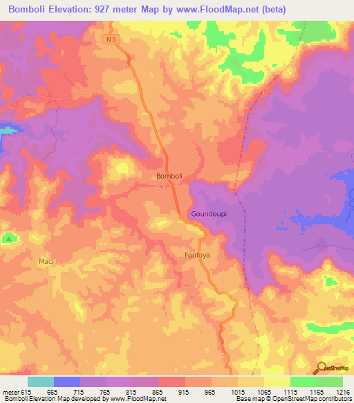 Bomboli,Guinea Elevation Map