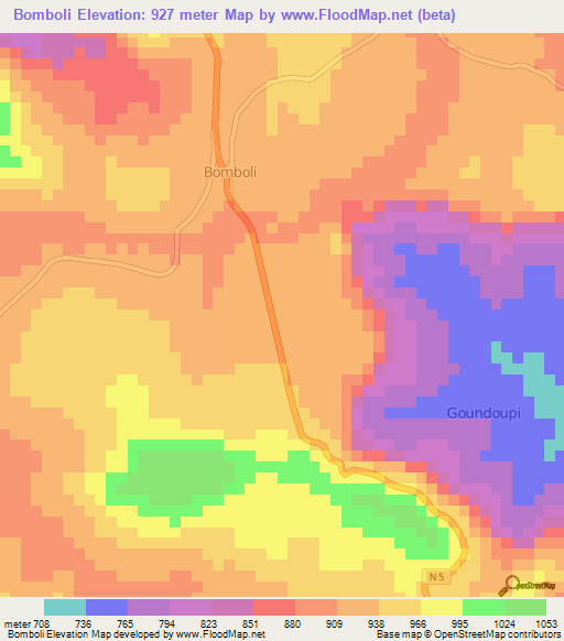 Bomboli,Guinea Elevation Map